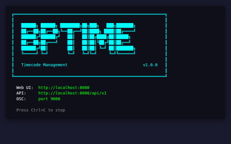 BPTimecode CLI showing startup banner with API endpoints and OSC port