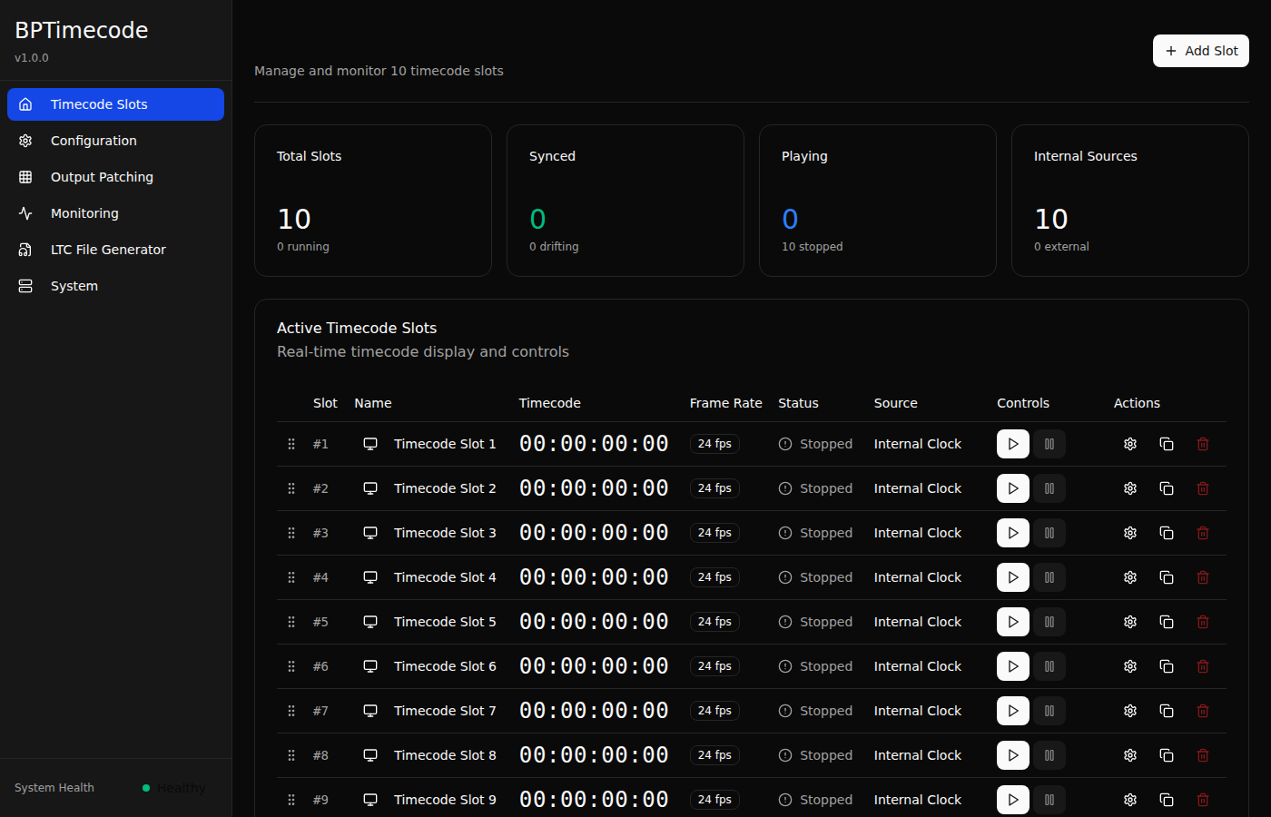 BPTimecode Web Interface showing timecode slots with playback controls, frame rates, and status indicators